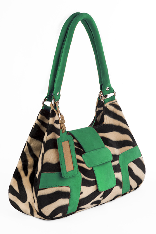 Safari black and emerald green women's dress handbag, matching pumps and belts. Top view - Florence KOOIJMAN